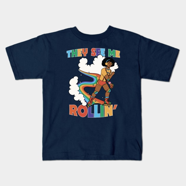 They See Me Rollin' // Funny Retro Rainbow Rollerblading Kids T-Shirt by SLAG_Creative